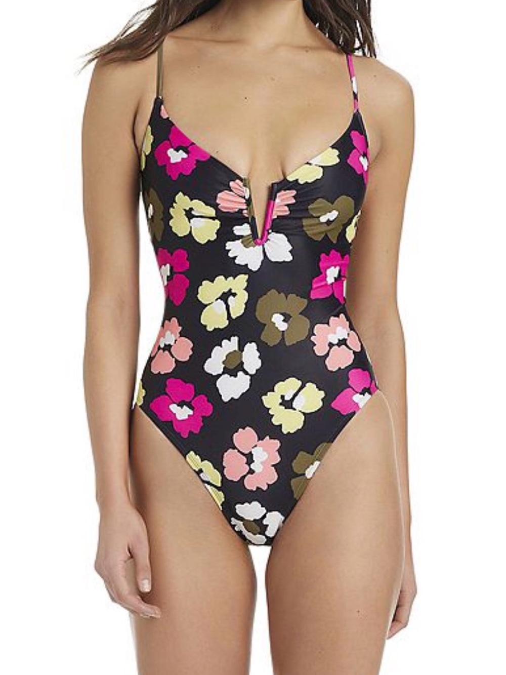 Floral V-Notch One-Piece Swimsuit - Black with Pink, Yellow & Olive Flowers